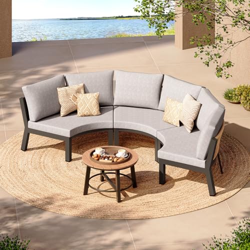 Outdoor Patio Furniture Set, 4 Piece Half Moon Aluminum Patio Conversation Sets Curved Sofa with PE Rope, All-Weather Sectional Furniture Set with Modular Coffee Table & Cushions, Gray