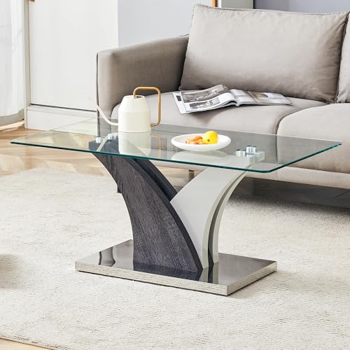 Rectangular Glass Coffee Table for Living Room, 39" Modern Clear Center Table, Tempered Glass Living Room Table with Wood Grain Textures Base