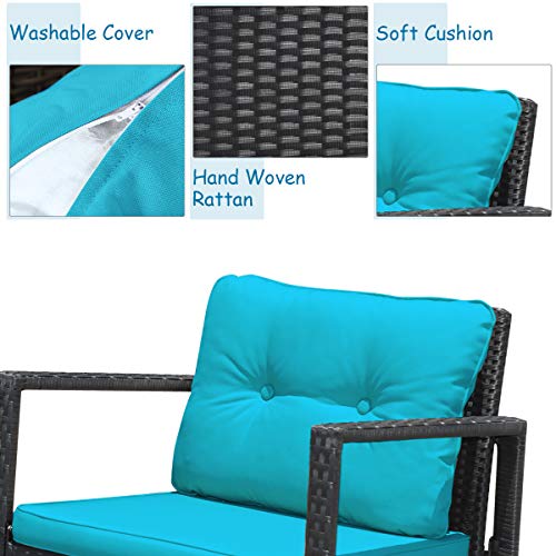3 Pieces Patio Wicker Rocking Bistro Set, Outdoor Rocking Chair Furniture Set w/Cushioned Seat, Conversation Set w/Glass Coffee Table and Storage Shelf (Turquoise)