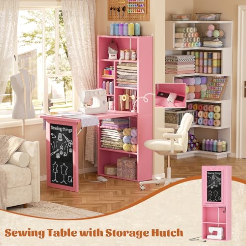 Small Folding Desk with Outlets, Convertible Writing Desk for Small Spaces/Home Office/Craft Room, Multi-Function Desk Workstation with Blackboard, Fold-Out Cabinet Table, Pink