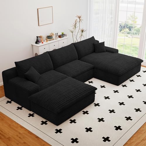 107" Cloud Sectional Couch with U-Shaped Chaise,Corduroy Viral Boneless Sofa with Ottoman,Memory Foam Couches in a Box with Deep Seat for Living Room,No Assembly Required (Black,Right-Facing Chaise)