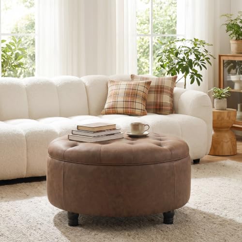 30-Inch Round Storage Ottoman, Button Tufted Ottoman Coffee Table with Removable Top for Living Room, Bedroom, Office (Cognac Tan)