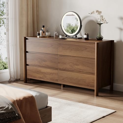 47" Wide 6-Drawer Dresser,Mid-Century Modern Chest with Solid Wood Legs, Concealed Handle,Large Wood Storage Organizer, Bedroom Storage,Walnut