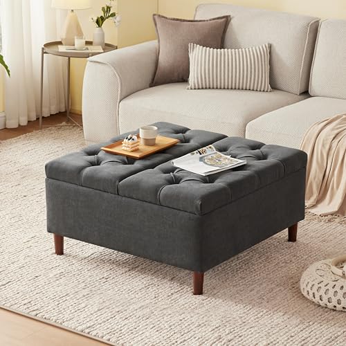 35 Inch Extra Large Storage Ottoman Coffee Table, No Assembly Required, Oversized Square Ottoman with Storage, Tufted Upholstered Ottomans Coffee Table for Living Room (Fabric, Dark Grey)