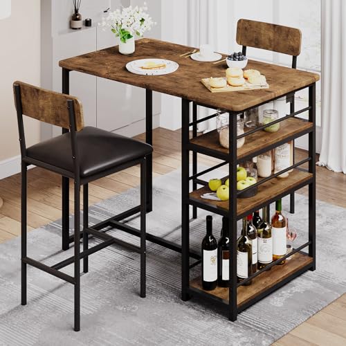 Dining Table Set for 2, Kitchen Table and Upholstered Chairs for 2, 3 Piece Counter Height Bar Table Set with 3 Large Storage Shelves for Small Space, Apartment, Studio, Rustic Brown