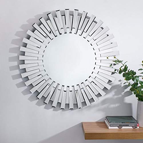 Wall Mirror - Sunburst Large Round Hanging Mirror - Silver Stylish 3D Circular Round Modern Living Room Bedroom Wall Mirror (31.5" x 31.5")
