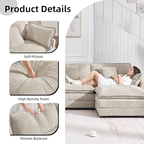 76.7" Cloud Sofa Couch, Modern Chenille Deep 2 Seater Loveseat with Moveable Ottoman and 4 Pillows, Comfy Modular L Shaped Couches for Small Living Room, Apartment, Studio, Office, Camel
