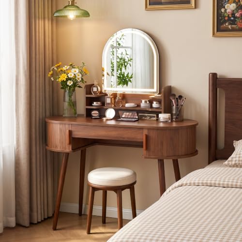 Oval Fluted Vanity Desk with Mirror and Lights, 43" Small Wood Makeup Table, view 2