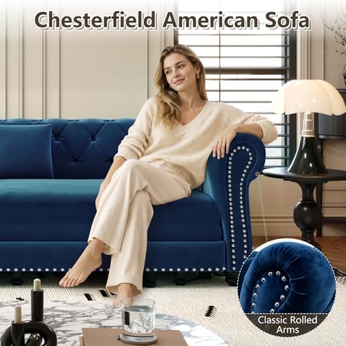 Pull Out Sofa Bed King, Chesterfield Velvet Sleeper Sofa, Convertible L-Shaped Futon Couch, Tufted Back, 2 Pillows, Ottoman, Deep Seat Loveseat Couches for Living Room (Blue, 89'')