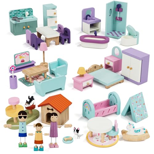 Wooden Dollhouse Furniture Set 39 Pcs with 5 Rooms, Family Dolls & Pets, All-Wooden Doll House Accessories and Furniture, Pretend Play Dollhouse Accessories Toy Gift for Kids 3+