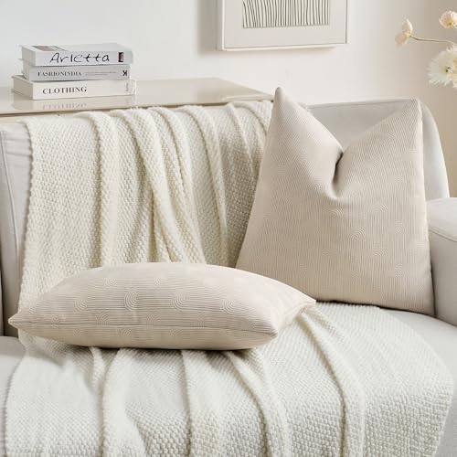 Pack of 2 Chenille Decorative Throw Pillow Covers 18x18 Inch,Soft Cozy Striped Geometric Patterns Cushion Case,Modern Home Decor for Couch Bed Living Room,Beige