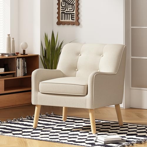 Felicity Mid-Century Modern Fabric Upholstered Accent Chair, Wooden Living Room Club Chair, Bedroom Comfy Reading Chair, Beige