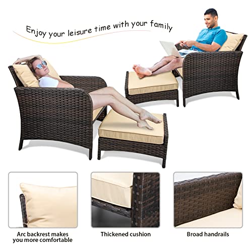 Balcony Furniture 5 Piece Patio Conversation Set, PE Wicker Rattan Outdoor Lounge Chairs with Soft Cushions 2 Ottoman&Glass Table for Porch, Lawn-Brown Wicker