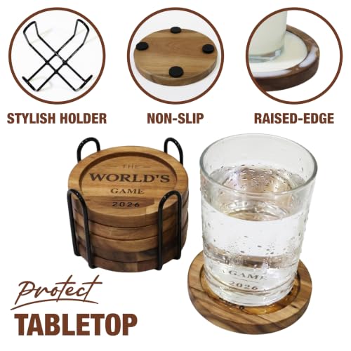 Acacia Wood Coasters Set of 6 with Metal Holder, Laser Engraved The World's Game 2026 Design, Absorbent Wooden Drink Coasters, 3.9" Round, Housewarming Gift