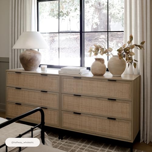 Nathan James Andrew 3-Drawer Rattan Dresser or Boheminan Living Room Storage Cabinet with Natural Rattan Accent and Metal Legs, Light Oak/Black