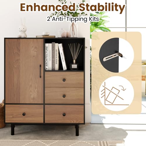 Storage Cabinet with 4 Drawers, Door and Open Compartment, 18" x 31.5" x 38.5" Inches, Metal Support Legs, Freestanding Side Cabinet, Buffet Sideboard for Living Room, Dining Room, Entryway