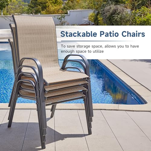 Patio Chairs Set of 4, Outdoor Stackable Dining Chairs for All Weather, Breathable Garden Outdoor Furniture for Backyard Deck, Brown