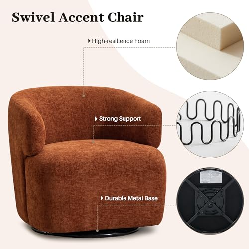 Swivel Accent Chair, Upholstered Fabric Barrel Chair Chenille Round Boucle Armchair for Living Room Bedroom, Orange