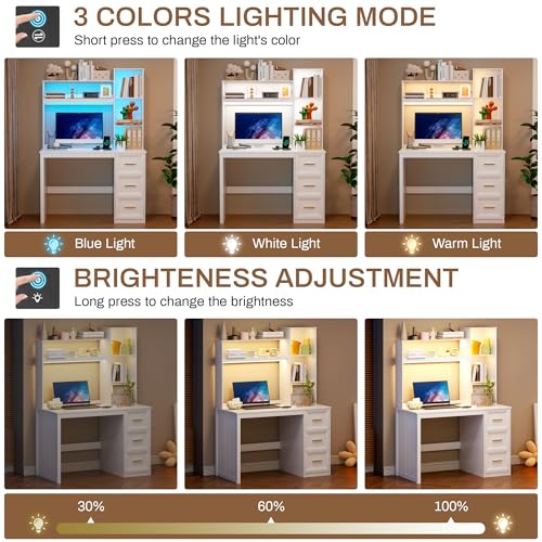 40” Home Office Desk with Hutch and Drawers, Computer Desk with Power Outlets and LED Light, Study Writing Gaming Table with Storage Shelves, Workstation for Bedroom, White