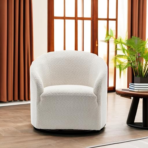 32" Wide Modern Boucle Swivel Barrel Chair, No Assembly Round Upholstered Swivel Accent Armchair for Living Room, Bedroom, Office (White)