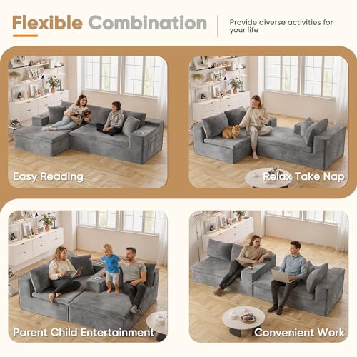 109" Boneless Couch with Memory Foam, Modular Sectional Sofa with L-Shape Chaise, Cloud Couch with Deep Seat, Dual Cup Holders & Side Pockets, No Assembly Required (Gray)