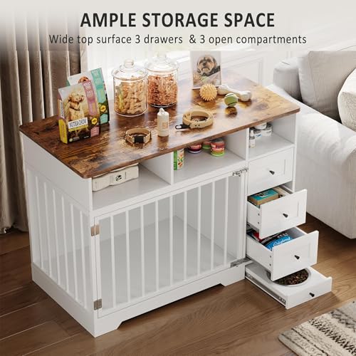 Dog Crate Furniture with Drawers, Wooden Dog Cage with Pull‑Out Dog Bowl, view 8