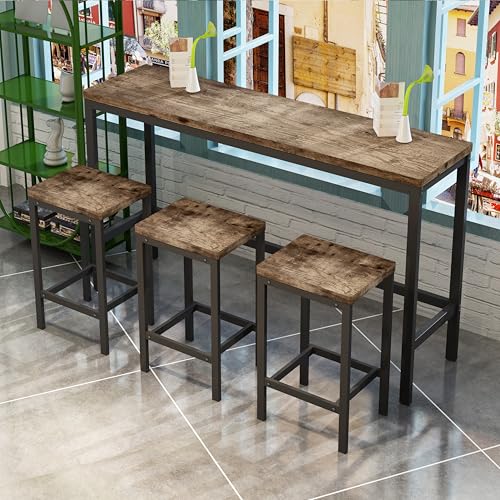 Modern Design 4-Piece Counter Height Extra Long Dining Table Set with 3 Stools and Side Table with Footrest,Space-Saving Pub Kitchen Set,Easy Assembly,Natural