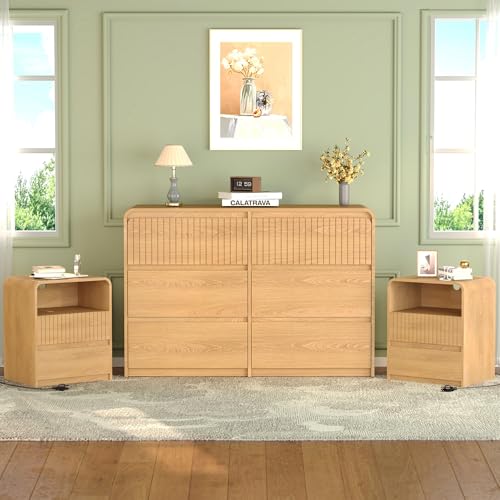 6 Drawer Dresser and Nightstand Sets 3-Piece, 48" Wide Mid Century Modern Dresser & Nightstand Set of 2 with Curved Profile Design, Wood Chest of Drawers Cabinet Set for Living Room, Hallway, Oak