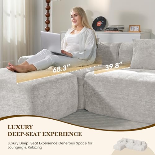 122" L Shaped Convertible Modular Couch, Cloud Couch Sectional with Ottoman, 4-Seater Chenille Boneless Couches for Living Room, Apartment, No Assembly, Beige 1PCS