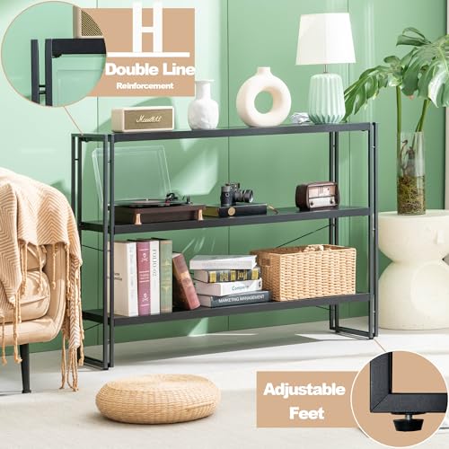 Bookshelf, 3-Tier Industrial Bookcase, Black Open Book Shelf, Freestanding Horizontal Bookshelves with Metal Frame