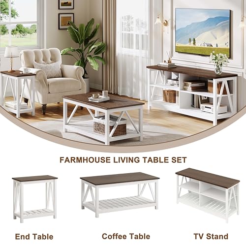 Farmhouse TV Stand for TVs up to 55 Inch, Modern Entertainment Center with 4 Open Shelves & Built-in Cable Holes, Media TV Console for Living Room, Bedroom, White