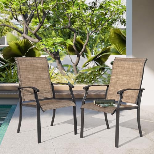Set of 2 Patio Dining Chairs, High Back Textilene Chairs with Armrest for Indoor Outdoor Use, Iron Frame Patio Furniture Chairs for Garden Deck Backyard Kitchen Restaurant, Black and Brown