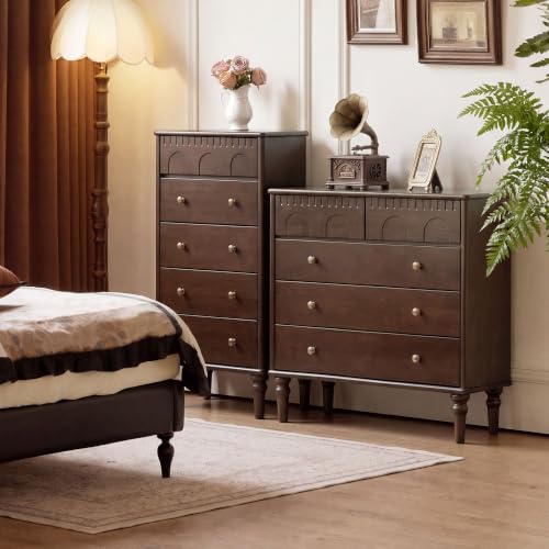 Solid Wood Nightstand, 5 Drawer Walnut Side Table, view 8