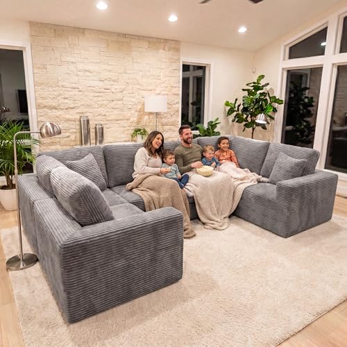Sectional Couches for Living Room, Modern Boneless Couch with Deep Seat, Upholstered Cloud Sofa, No Assembly Required (Grey, Oversized Sofa)
