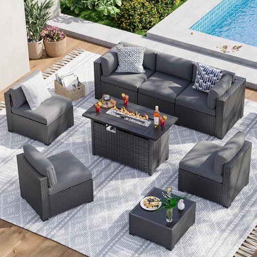 8 Piece Patio Furniture Set with 44" Fire Pit Table Wicker Rattan Sectional Sofa Outdoor Seating with Thickened Cushion, Grey