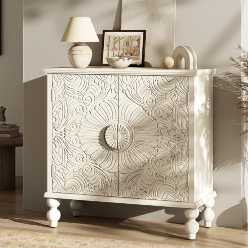 Buffet Cabinet with Storage, Accent Cabinet with 2 Carved Doors, Solid Wood Sideboard with Adjustable Shelf, Vintage Cabinets for Kitchen, Living Room, Entryway, Beige