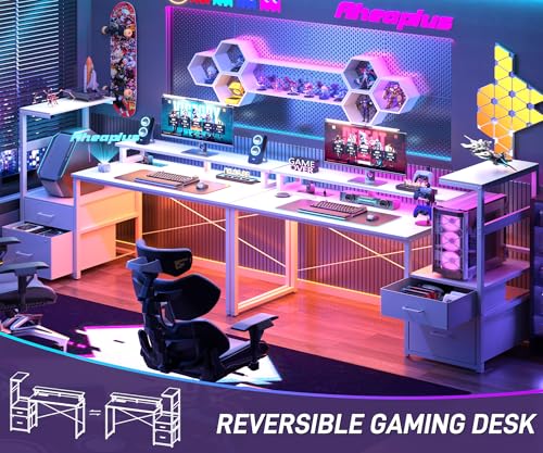 Gaming Desk with LED Strip & Power Outlet, 59Inch Reversible Computer Desk with Monitor Stand & Storage Shelves, Home Office Desks with Fabric File Drawer, Gamer Table PC Desk, White