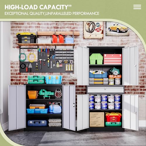 Metal Garage Storage Cabinets with Lockable Doors and Adjustable Shelves, 71" H Tool Cabinet for Home, Office, Warehouse (Black Grey)