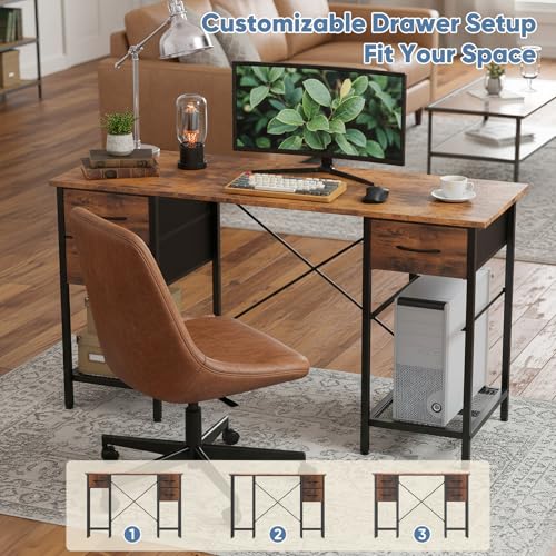 55" Computer Desk with 4 Drawers and Shelve, Brown, view 7