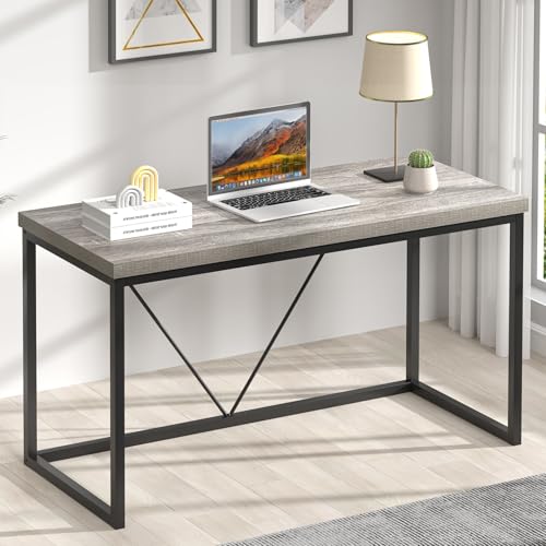 Modern Home Office Desk, Industrial Vintage Computer Desk, Rustic Wood and Metal Study Writing Table, Simple Work Gaming PC Desks for Bedroom Living Room, Light Grey 53 Inch