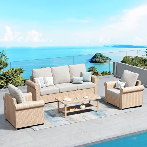 Patio Furniture Set 4 pcs, Wicker Rattan Sofa with 5.5” Thick Waterproof Cushions, 2 Chairs and Coffee Table, All Weather Outdoor Conversation Set for Backyard Deck, 5 Seats Beige
