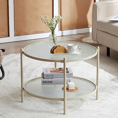 25.6" Small Cream White Round Coffee Table Water-Wave Glass Circle Clear Coffee Table, Center Table with 2-Tier Modern Storage Design for Living Room, Bedroom, Meeting Room, Balcony, Beige