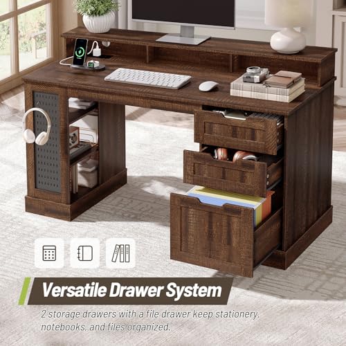55inch Farmhouse Executive Desk with 2 Drawers and File Cabinet, Computer Desk with 3-Tier Storage Shelves, Home Office Desk with Charging Station, Pegboard and Monitor Shelf, Brown