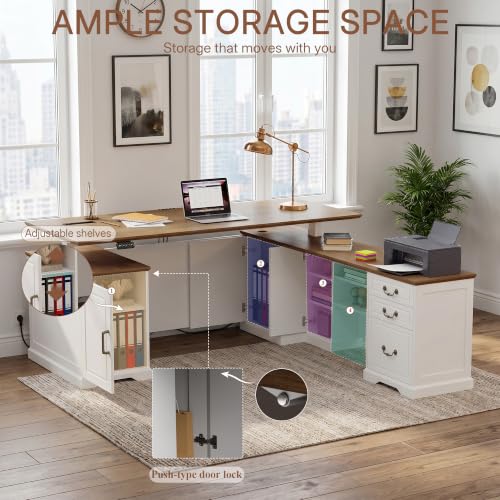 71" L Shaped Executive Desk with File Cabinet Drawers Outlet USB, view 7