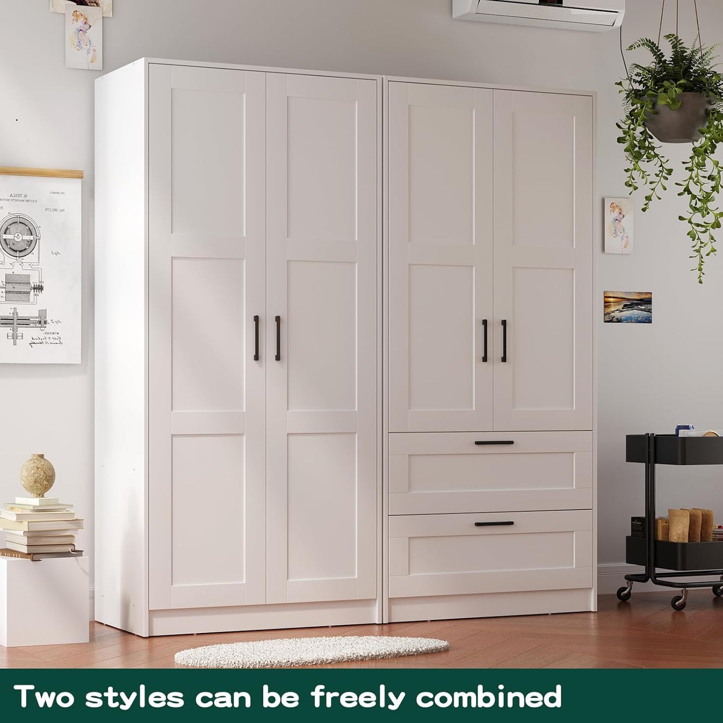 Wood White Wardrobe Closet with 2 Doors and 2 Drawers,Bedroom Freestanding Armoire Storage Cabinet with Shelves,Wooden Wardrobe Combination for Hanging Clothes (White 2 Drawers)