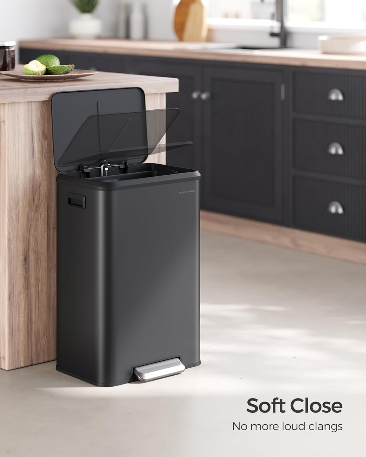 Kitchen Trash Can, 10.5-Gallon (40L) Garbage Can with Lid and Wide Foot Pedal, Soft Close and Stays Open, Black ULTB541B40