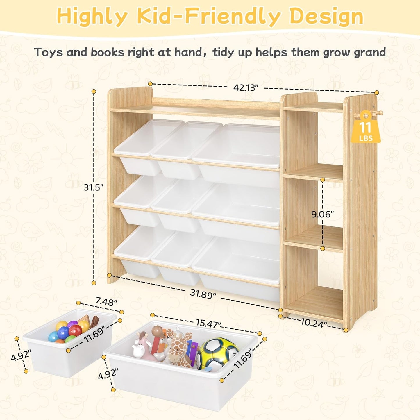Kids Toy Storage Organizer, Wooden Shelf with 3 Tiers and 9 Storage Bins, Nursery Room Organizer for Books and Toys, White and Natural Wood