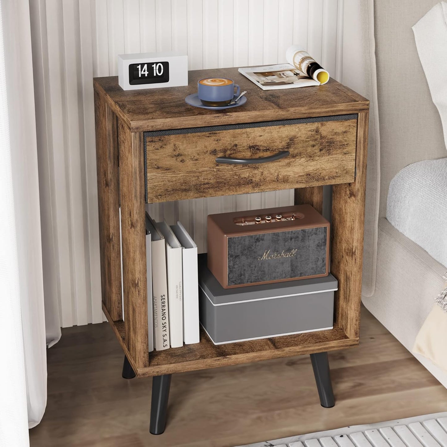 Nightstand Set of 2 with Fabric Drawers and Open Shelves - Rustic Bedroom Side Tables