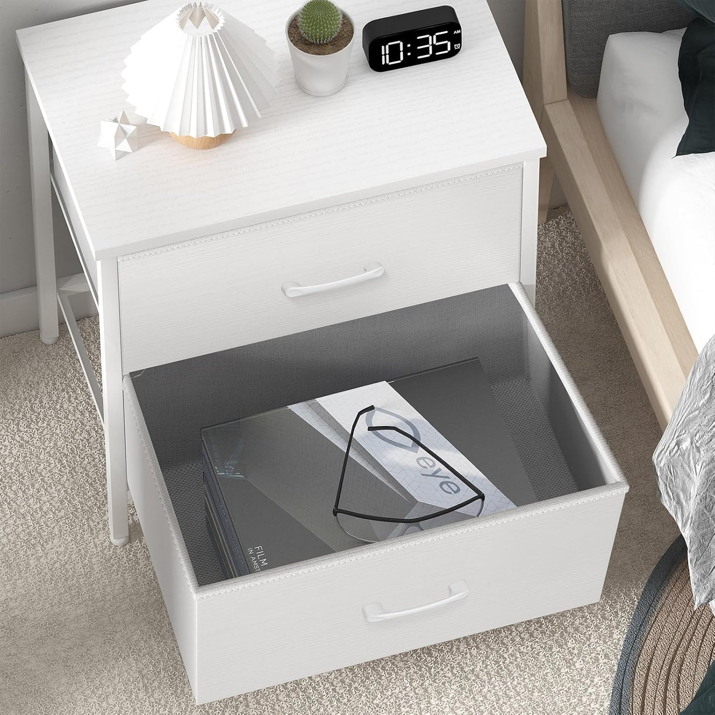 Dresser and Nightstand Set 3 Piece White Dresser with 6 Fabric Drawers for Bedroom Sets Modern
