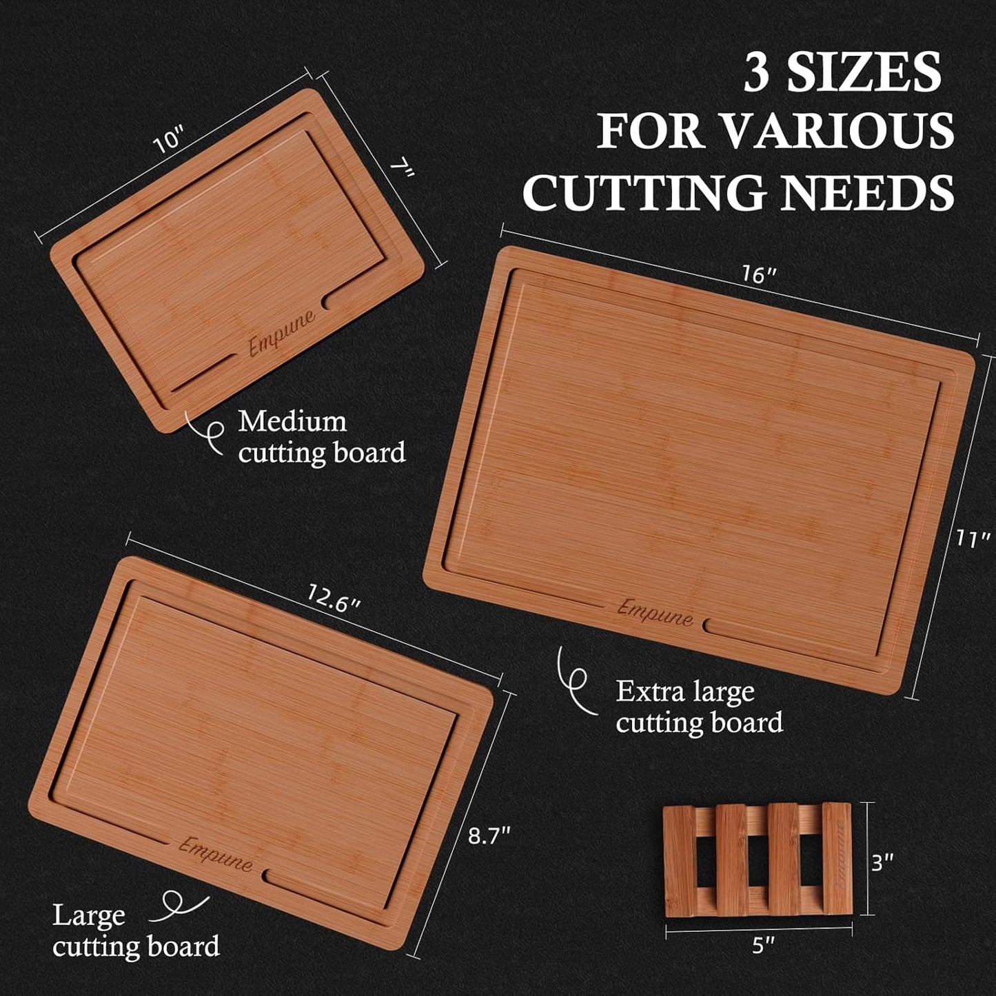 Bamboo Cutting Board Set, Wood Cutting Boards for Kitchen with Holder Wooden Chopping Board for Meal Prep & Serving, Brown